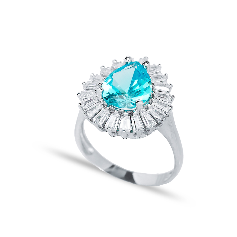 Pear Shape Aquamarine CZ Stone Silver  Silver Cluster Ring