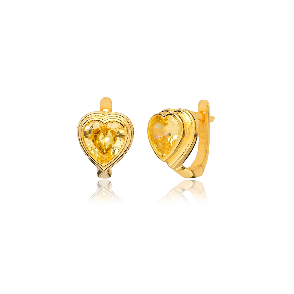 Heart Shape Citrine CZ Sterling Silver Latch Back Earrings