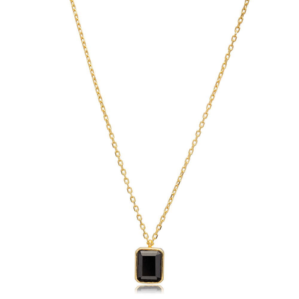 Square Black Zircon Charm Necklace Turkish 925 Silver Jewelry