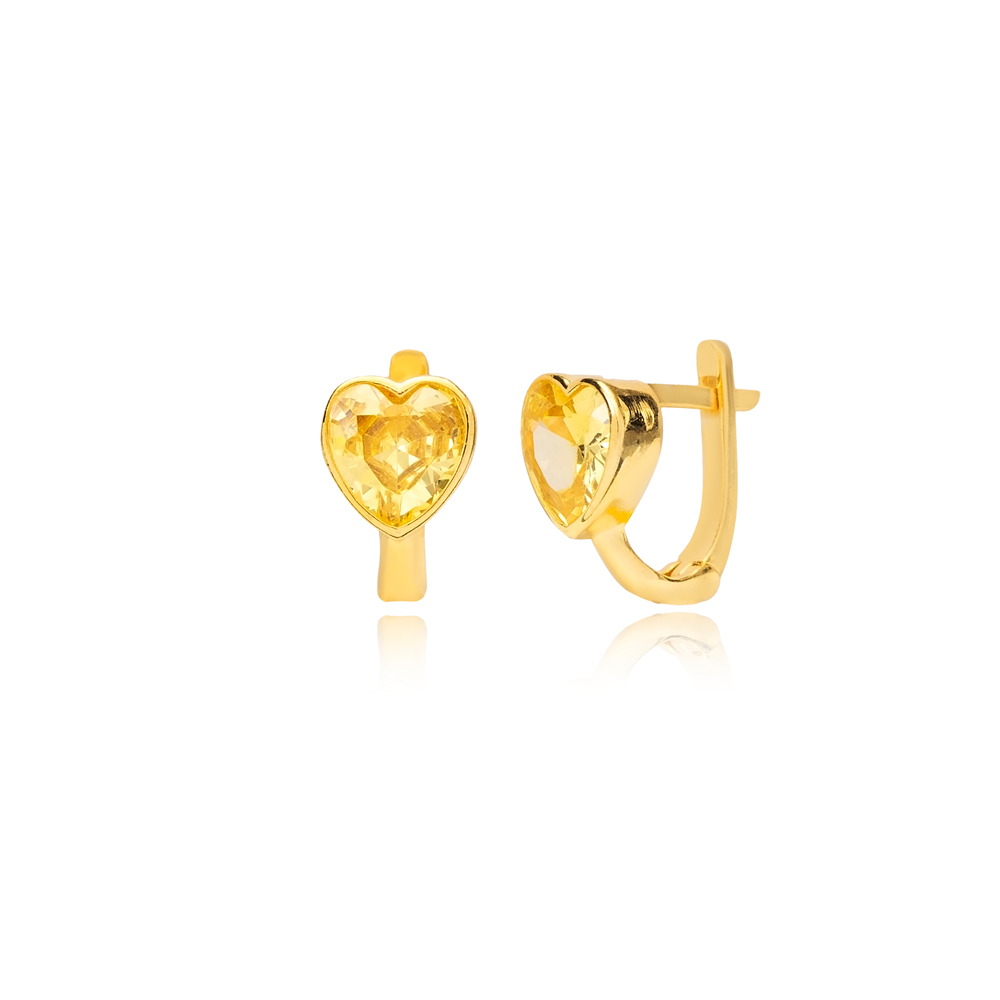 Yellow CZ Heart Silver Latch Back Earrings Turkish Jewelry