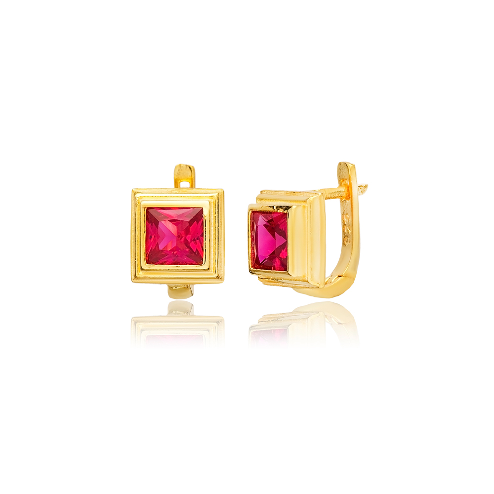Ruby CZ Square Design Sterling Silver Latch Back Earrings