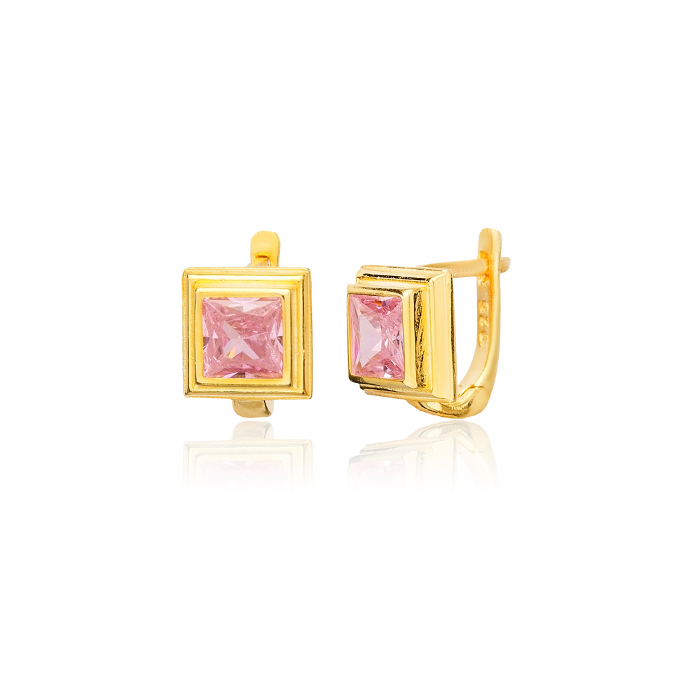 Pink CZ Square Design Sterling Silver Latch Back Earrings