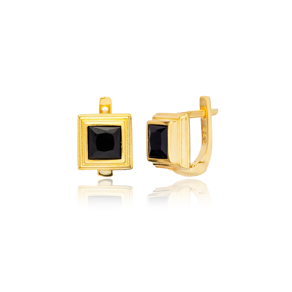 Black CZ Square Design Sterling Silver Latch Back Earrings