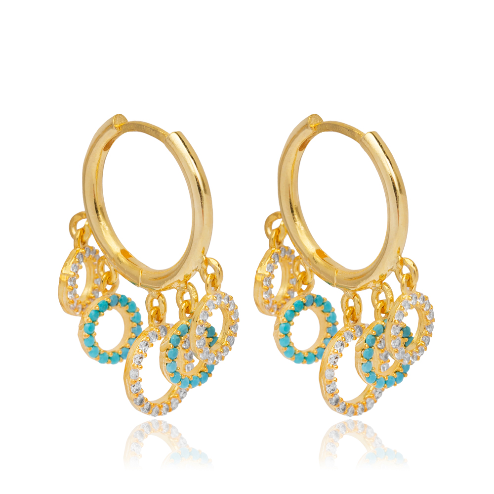 Shaker CZ Turquoise Hollow Charms Hoop Earrings Silver Jewelry