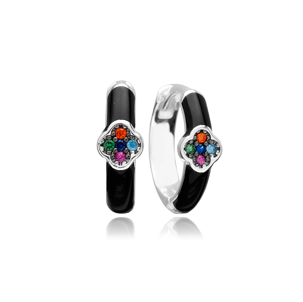 Mix CZ Black Enamel Wholesale Silver Earrings