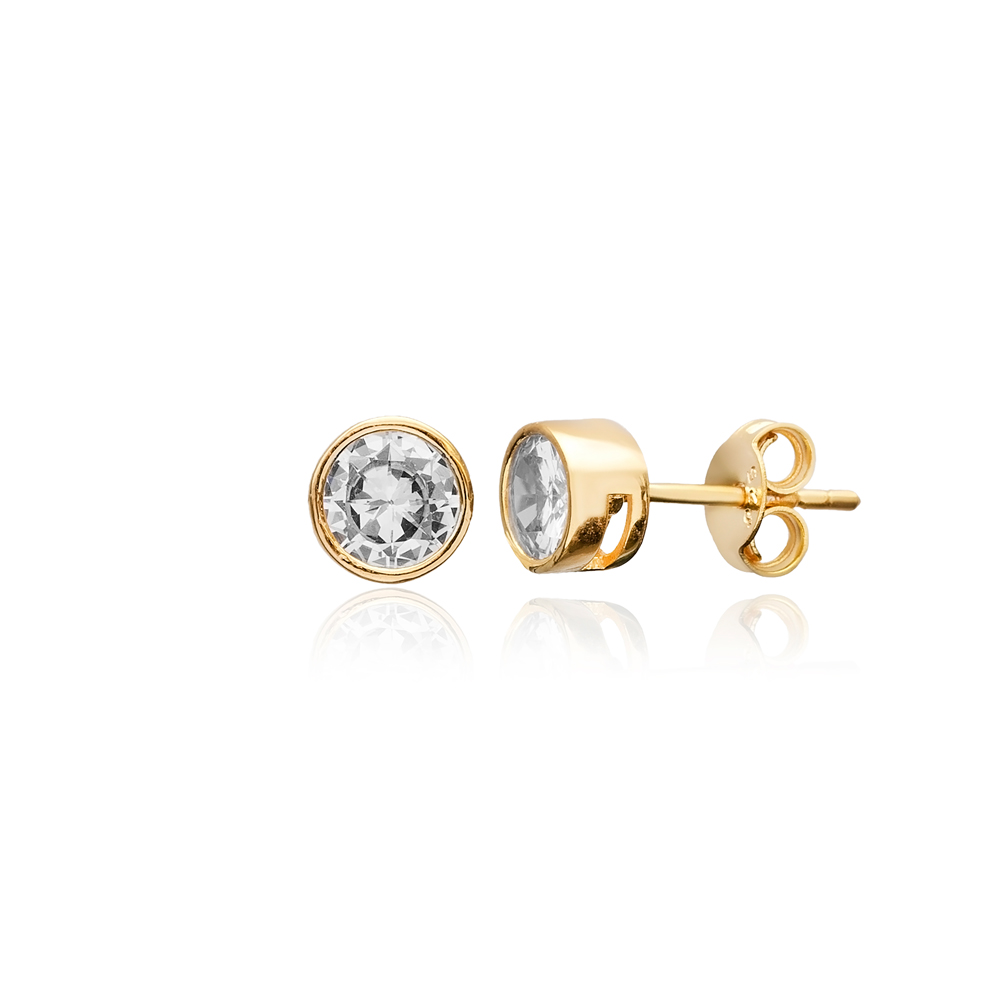 Shiny CZ Stone Stud Earrings Handmade 925 Silver Jewelry