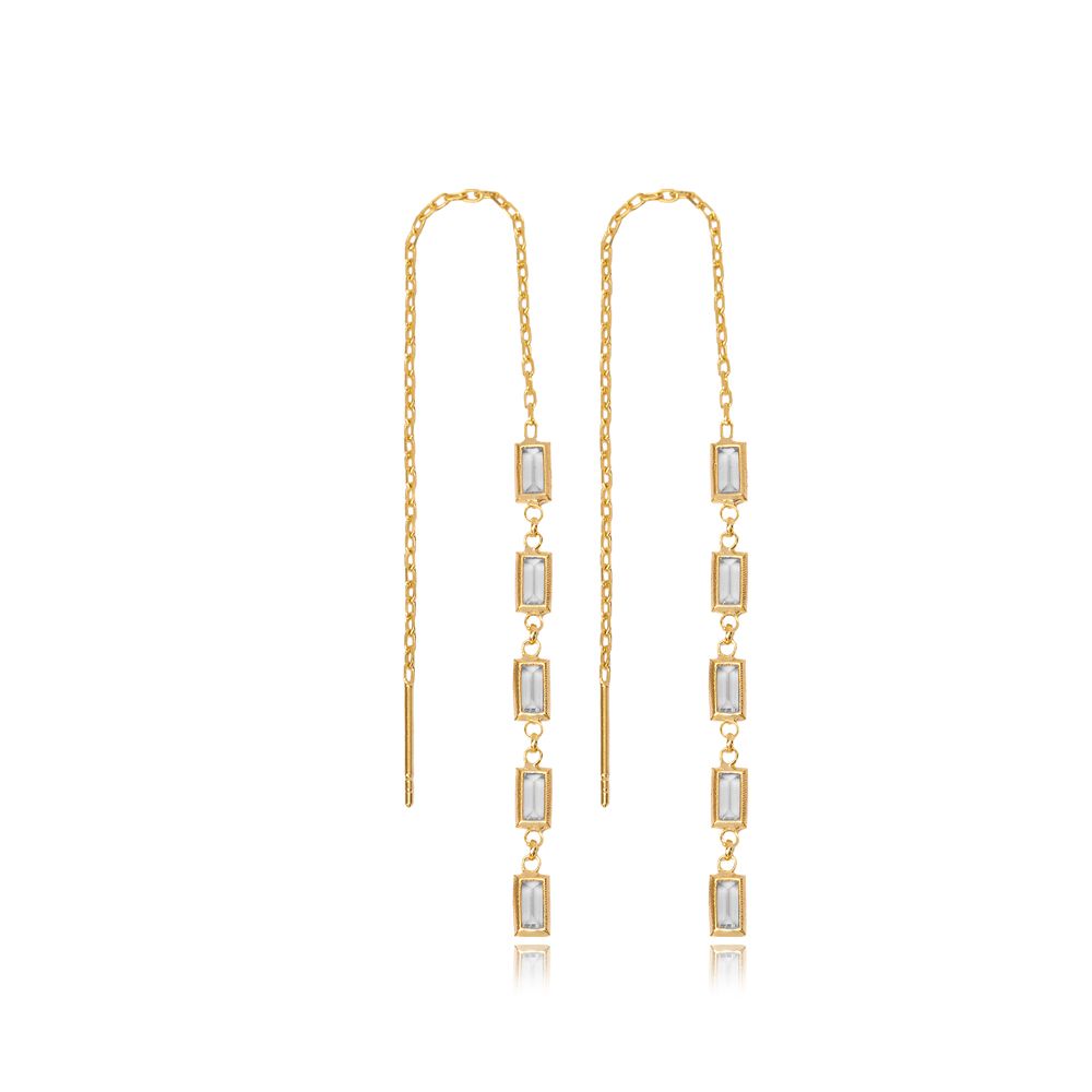 Five Zircon Stone Baguette Silver Chain Threader Earrings