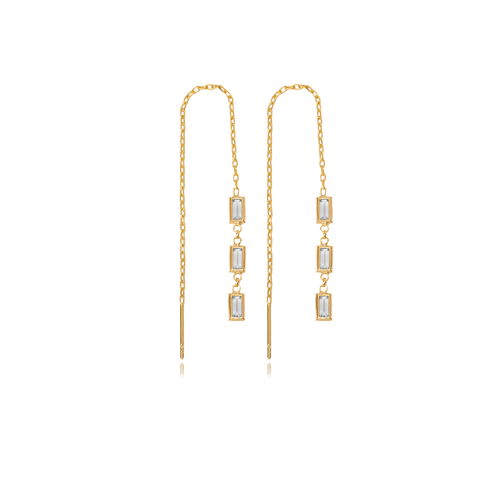 Three Zircon Stone Baguette Silver Chain Threader Earrings