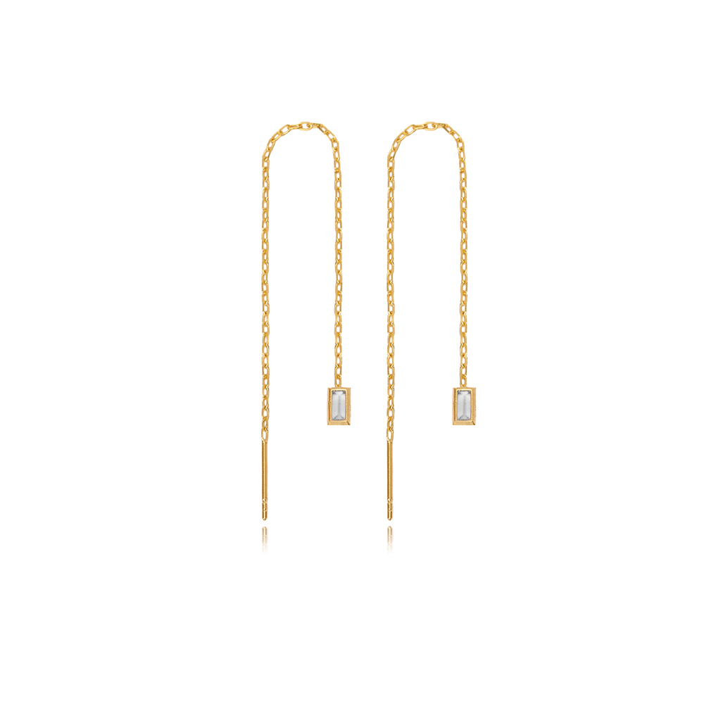 Single Zircon Stone Baguette Silver Chain Threader Earrings