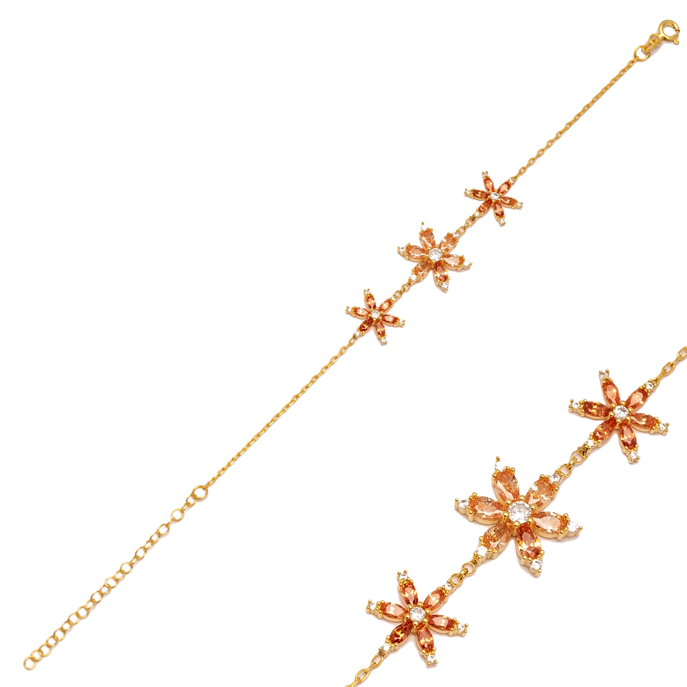 Triple Flower Orange CZ Turkish Handmade Silver Bracelet