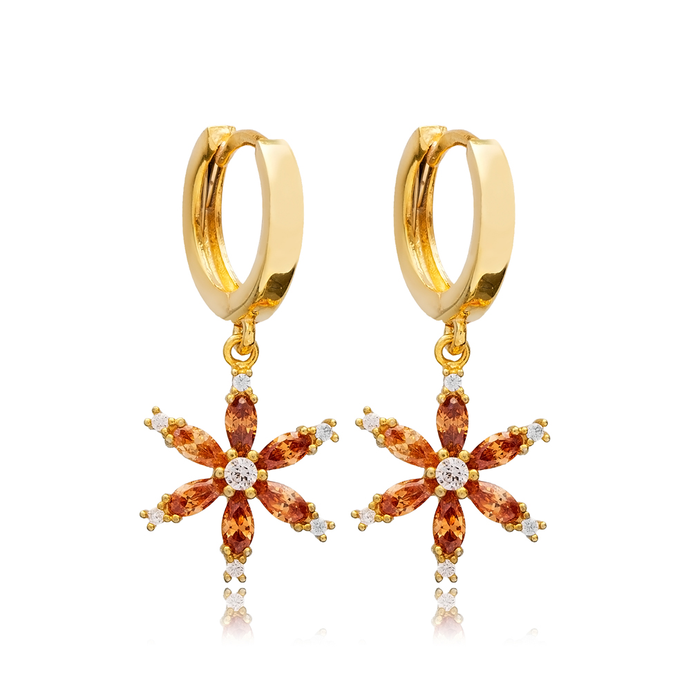 Citrine CZ Flower Design 925 Handmade Silver Dangle Earrings