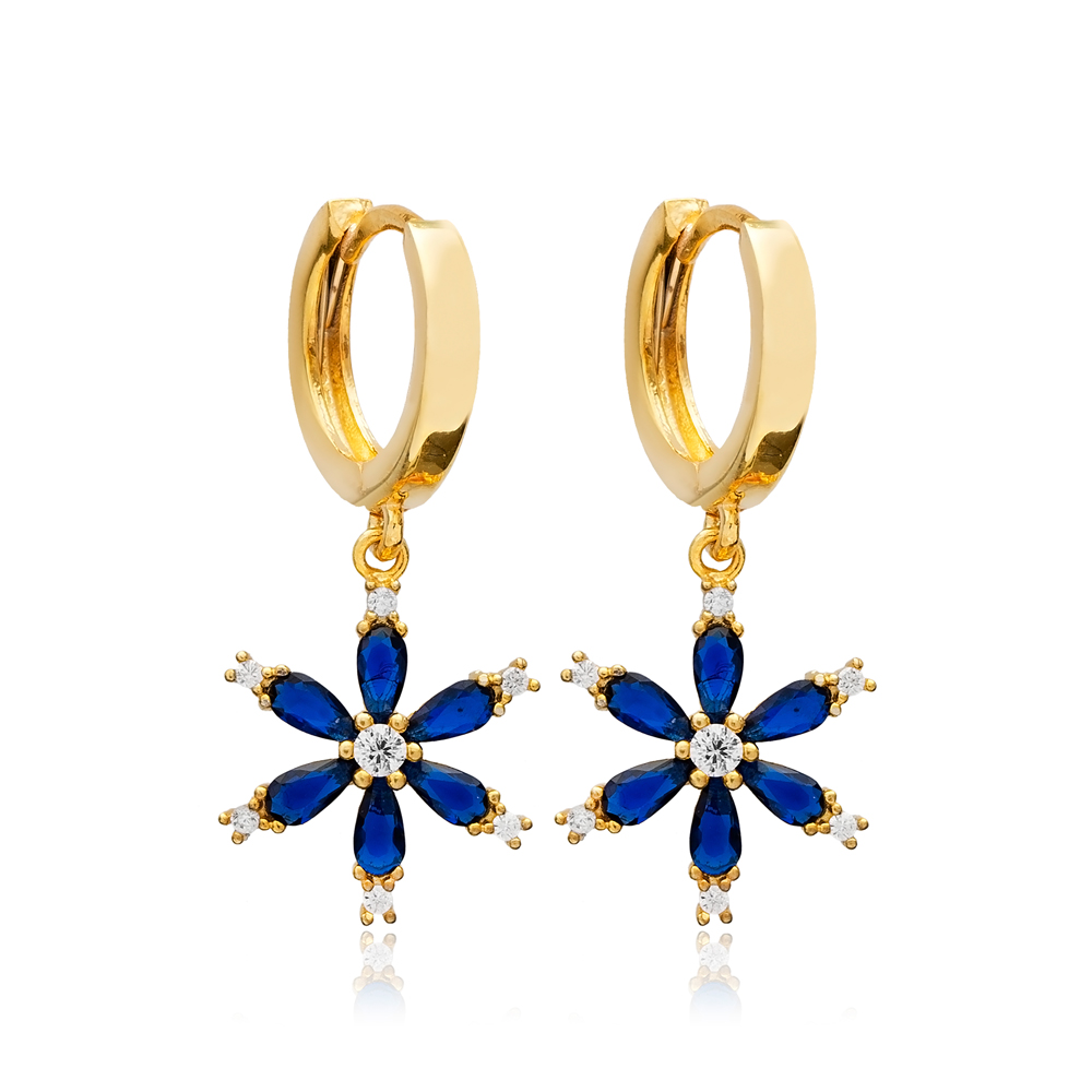 Sapphire CZ Flower Design 925 Turkish Silver Dangle Earrings