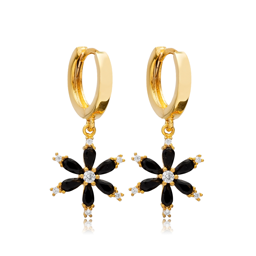 Black CZ Flower Design Turkish 925 Silver Dangle Earrings