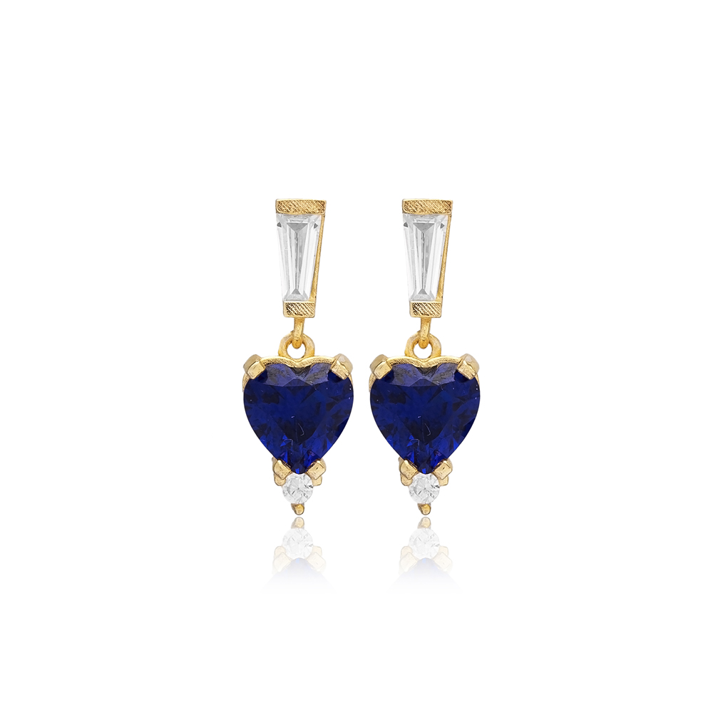 Sapphire CZ Heart Stud Earrings Handmade Silver Jewelry