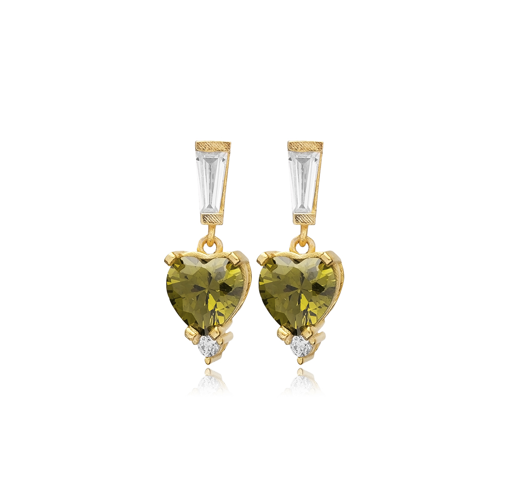 Peridot CZ Heart Turkish Handmade 925 Silver Stud Earrings