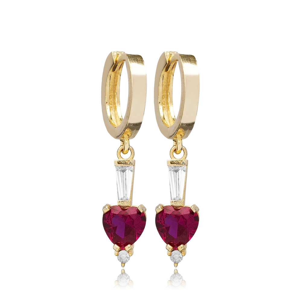 Ruby CZ Heart Turkish Handmade 925 Silver Dangle Earrings