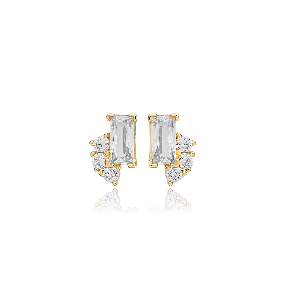 Tiny Clear Zircon Baguette Stud Earrings Silver Jewelry