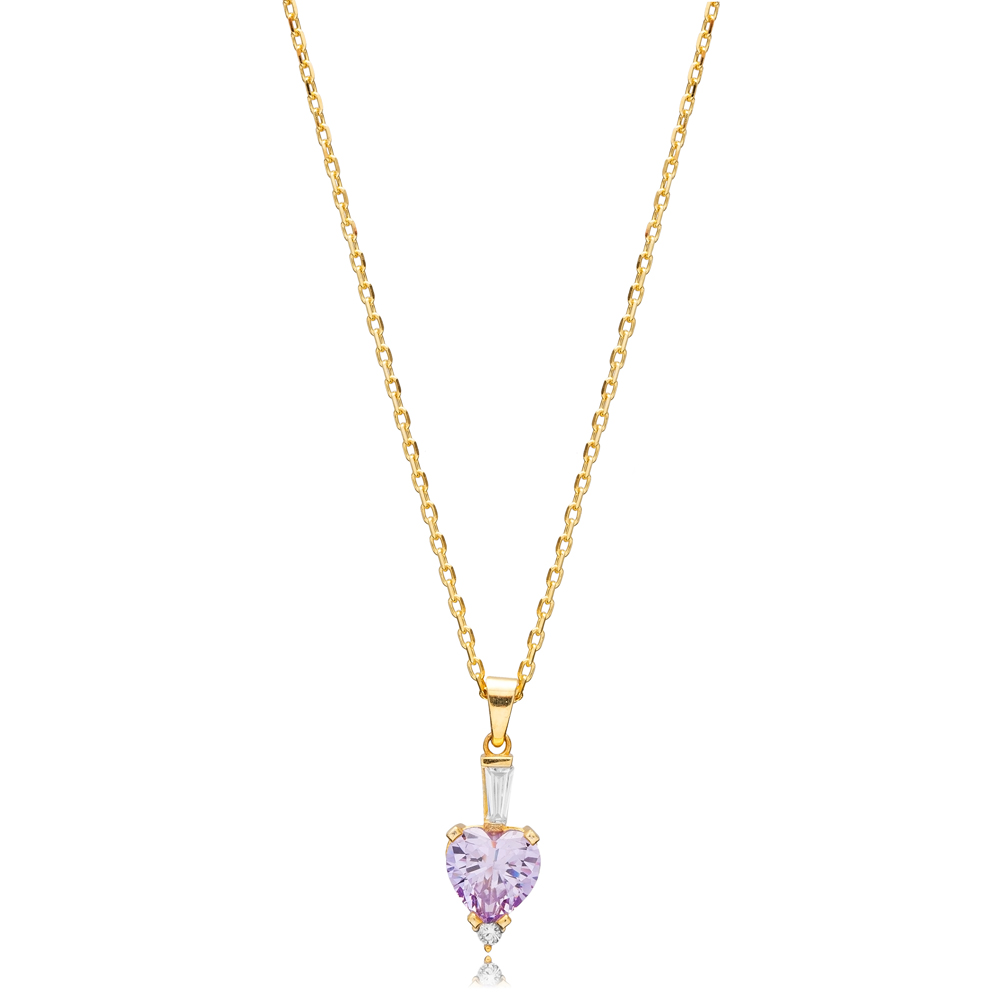 Lilac Amethyst CZ Stone Heart Design Silver Charm Necklace