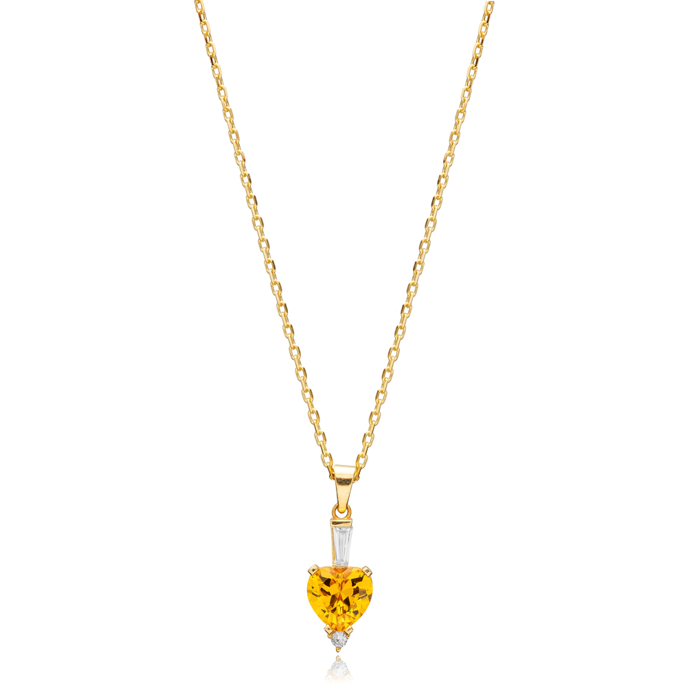 Citrine Zircon Heart Design Silver Charm Necklace Pendant