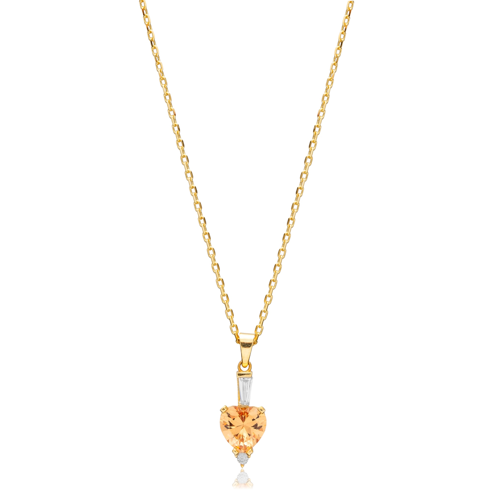 Orange Citrine Zircon Heart Silver Charm Necklace Pendant