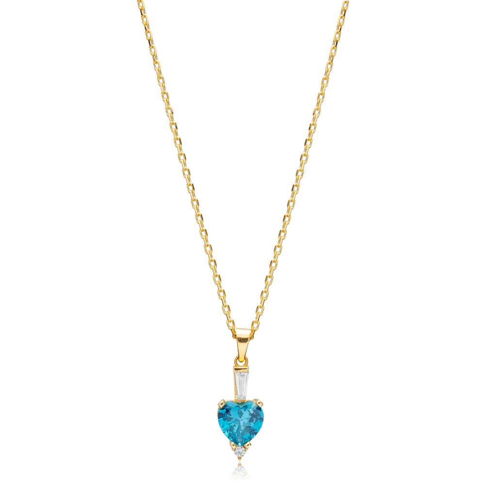 Aquamarine Zircon Stone Heart Design Silver Charm Necklace