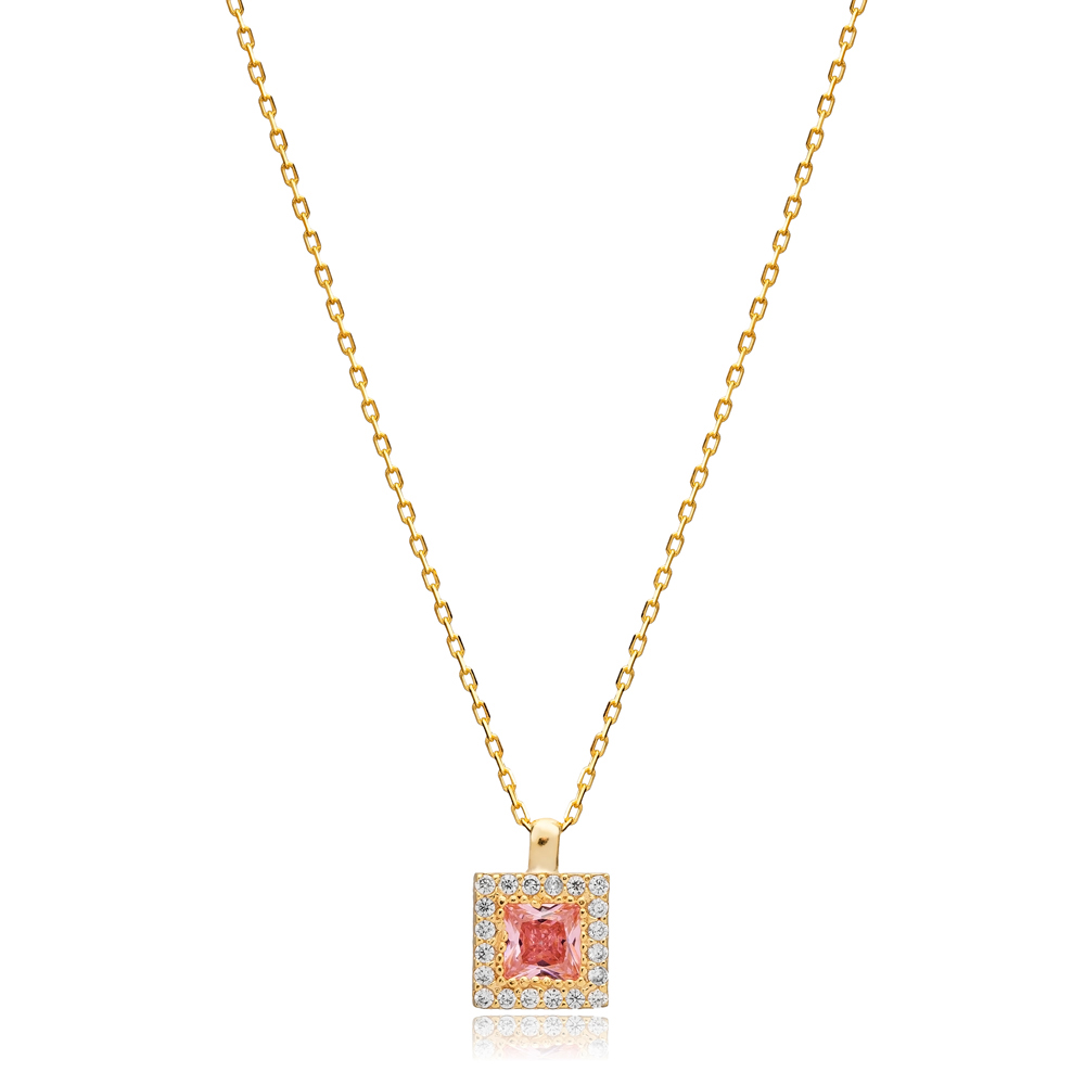 Pink CZ Square Charm Handmade Wholesale 925 Silver Necklace