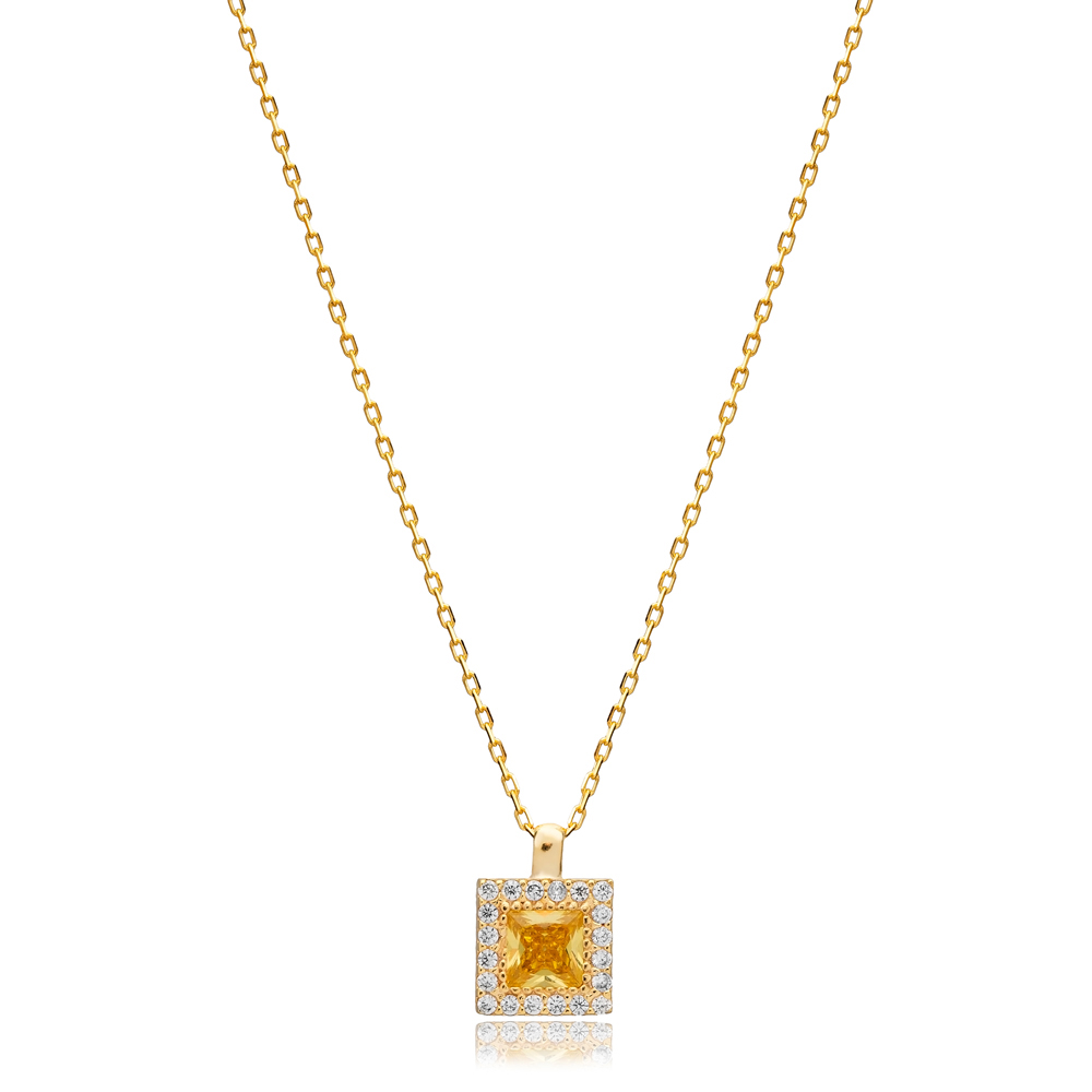 Orange Citrine CZ Square Charm Wholesale 925 Silver Necklace