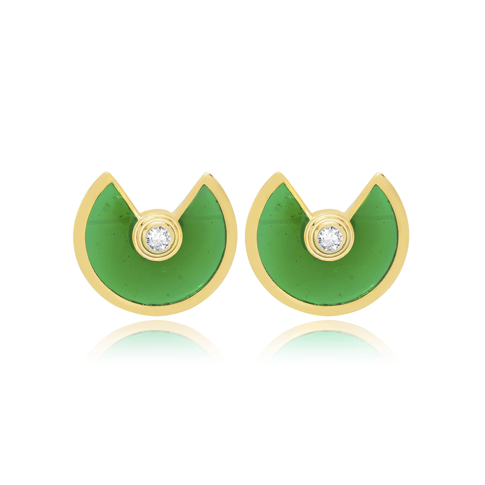 Green Enamel Unique Round Shape Silver Stud Earrings
