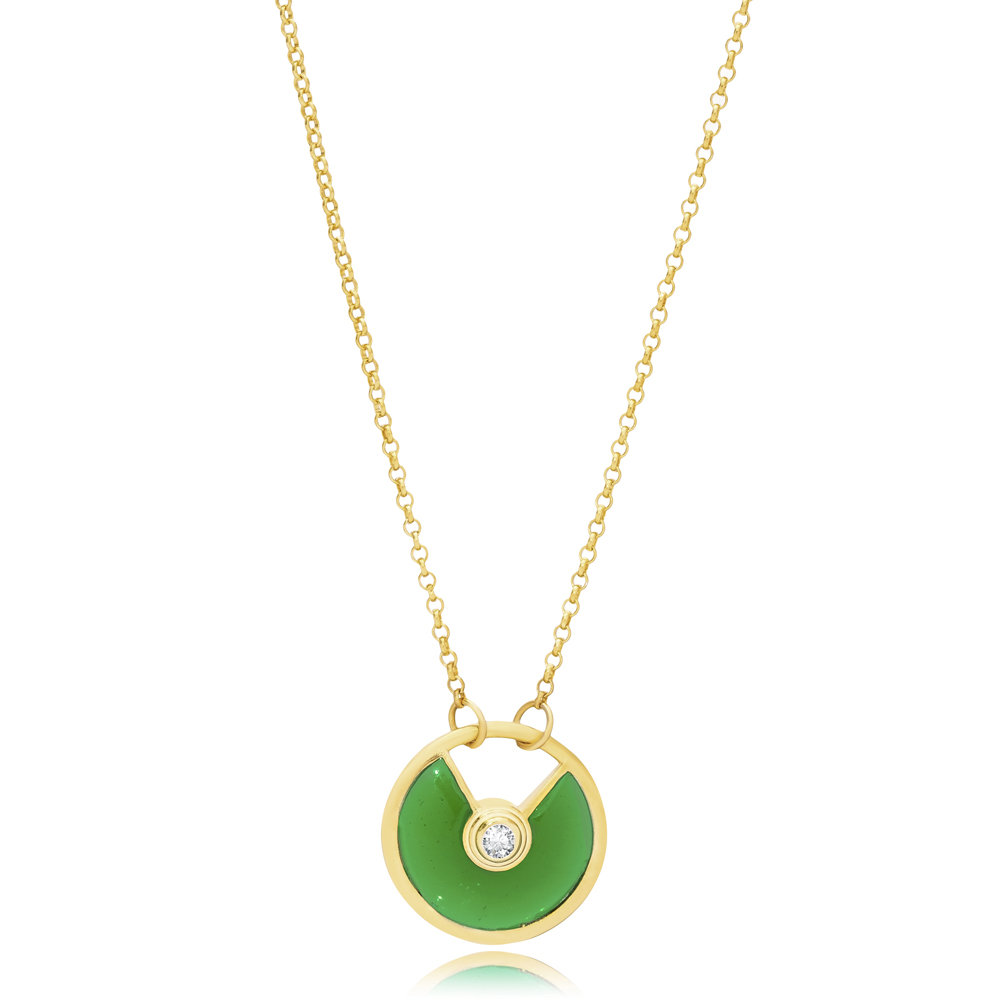 Green Enamel Unique Round Shape Silver Charm Necklace