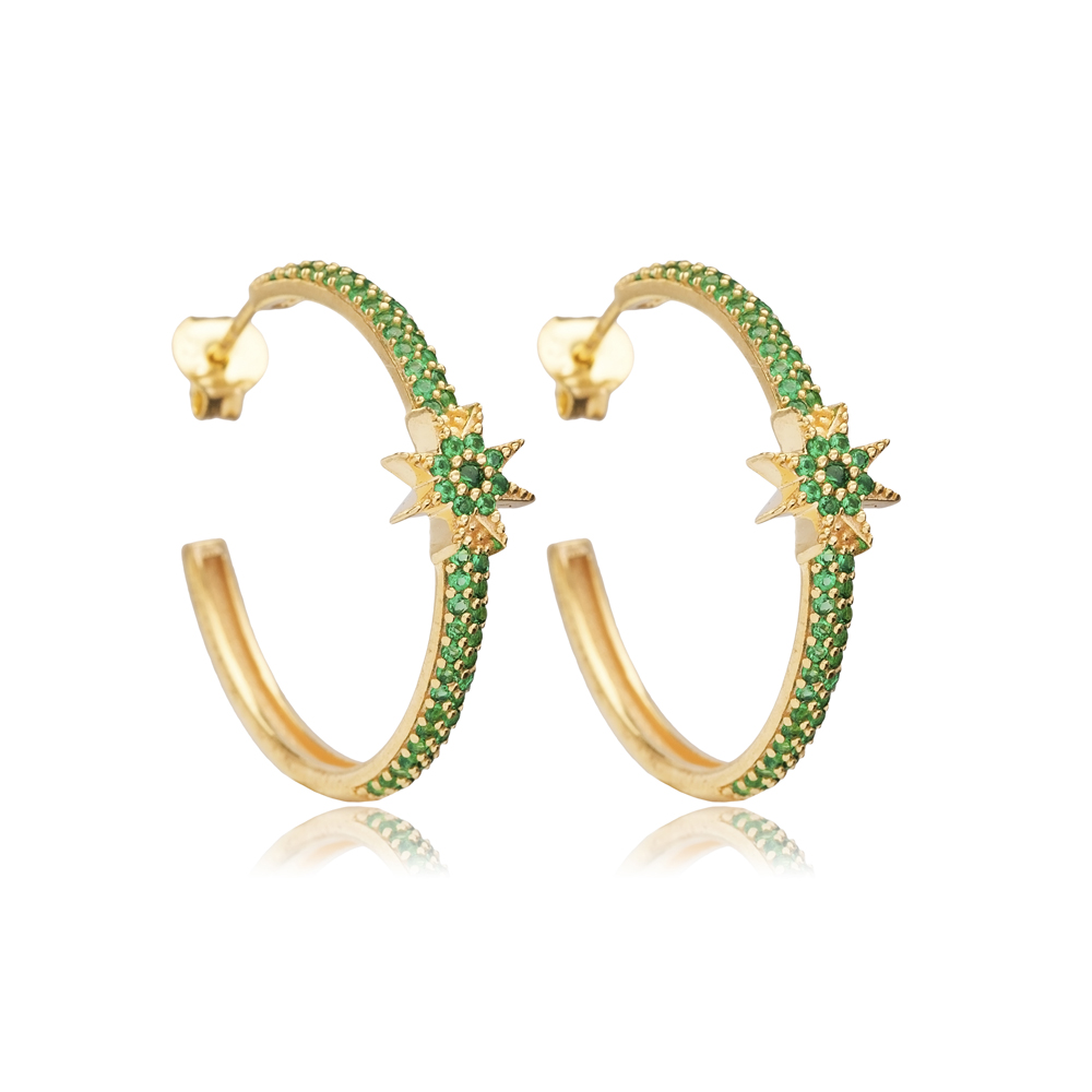 Emerald CZ Star Design Turkish Wholesale Silver Hoop Earring