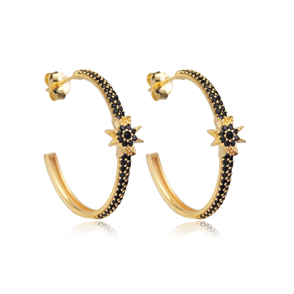 Black CZ Star Design Turkish Wholesale Silver Hoop Earrings