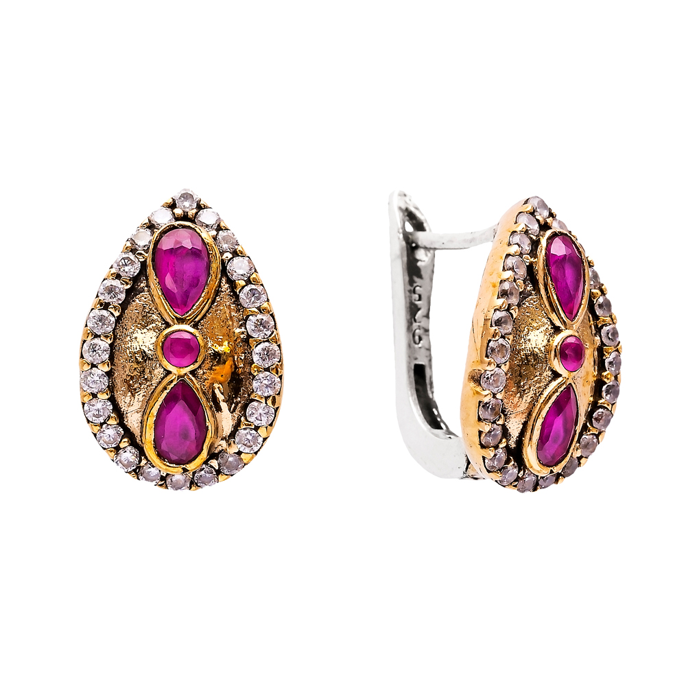 Drop Ruby CZ Stone Authentic Turkish Latch Back Earrings