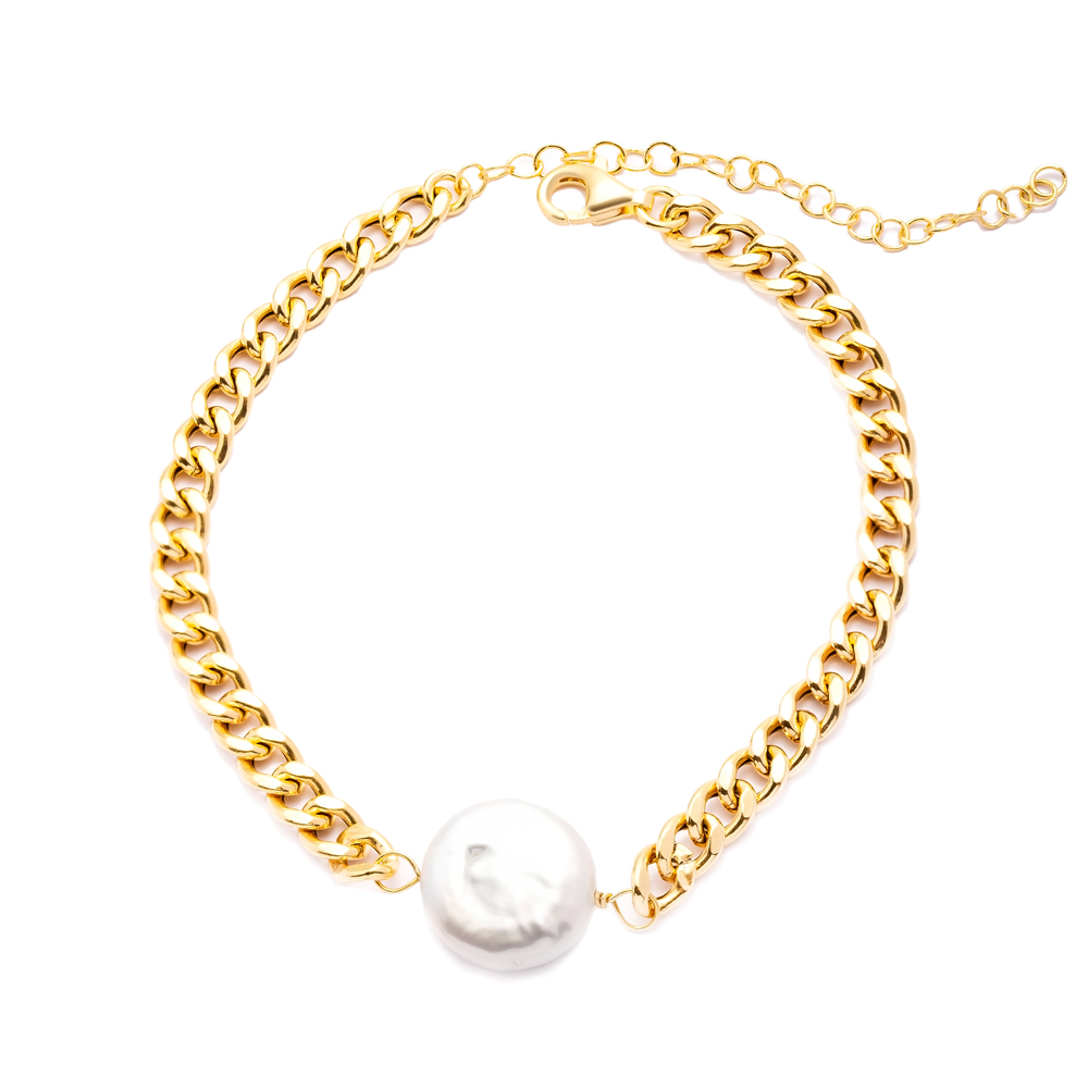 Natural Pearl Design Gourmet Chain 925 Silver Charm Bracelet
