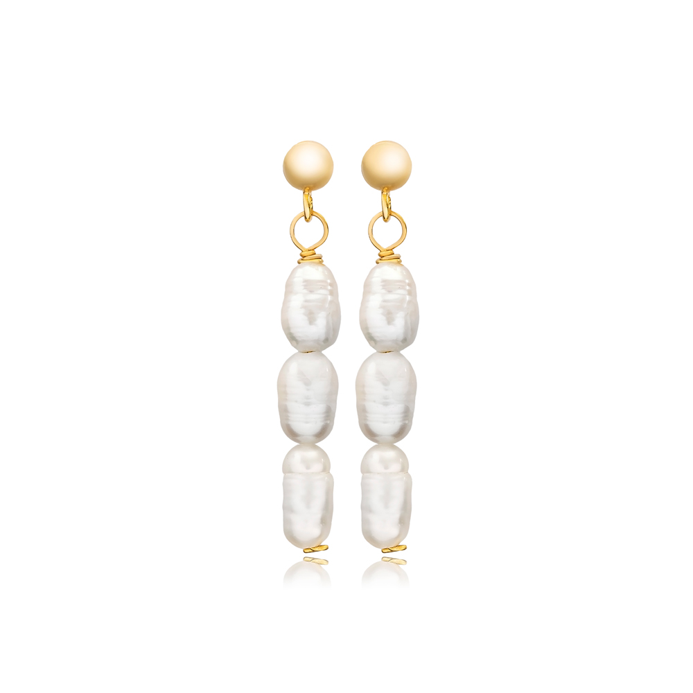 Natural Pearl Design Stud Long Earrings 925 Silver Jewelry