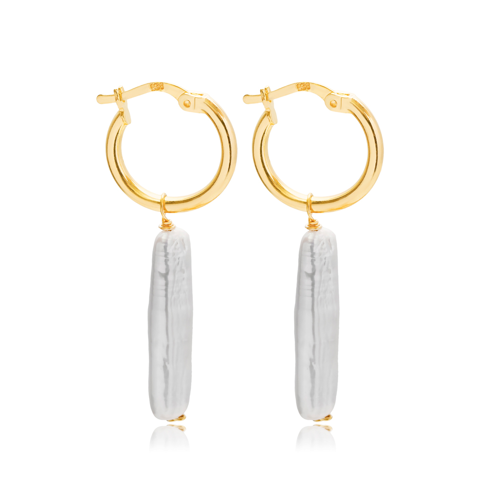 Natural Pearl Design Hoop Dangle Earrings 925 Silver Jewelry
