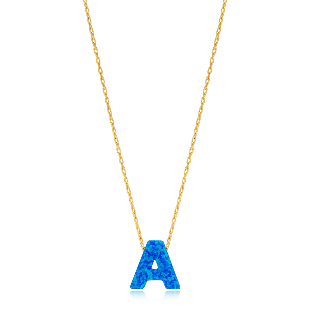 Opal Stone Initial Letter A Design Necklace Silver Jewelry