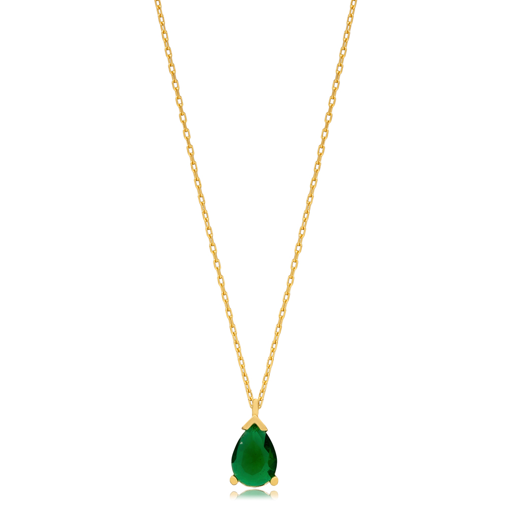 Emerald CZ Stone Drop Pear Shape Charm 925 Silver Necklace