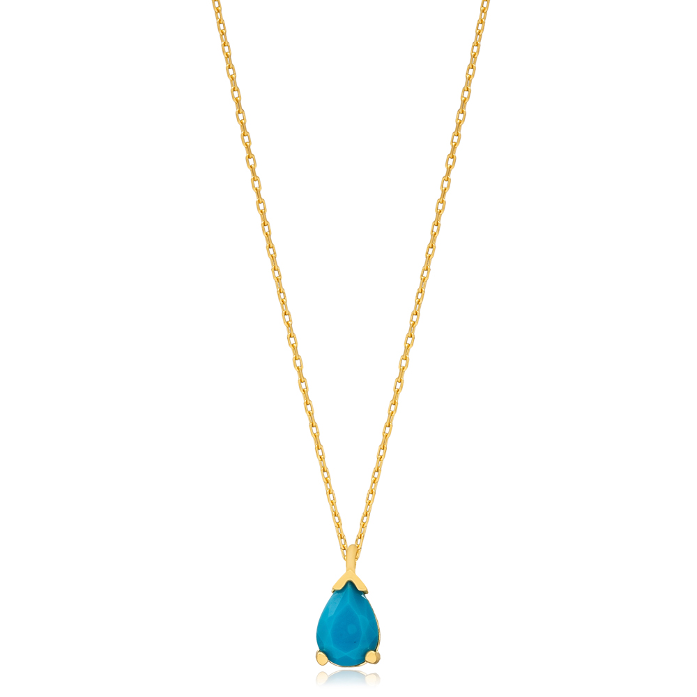 Turquoise CZ Stone Drop Pear Charm Pendant Silver Necklace