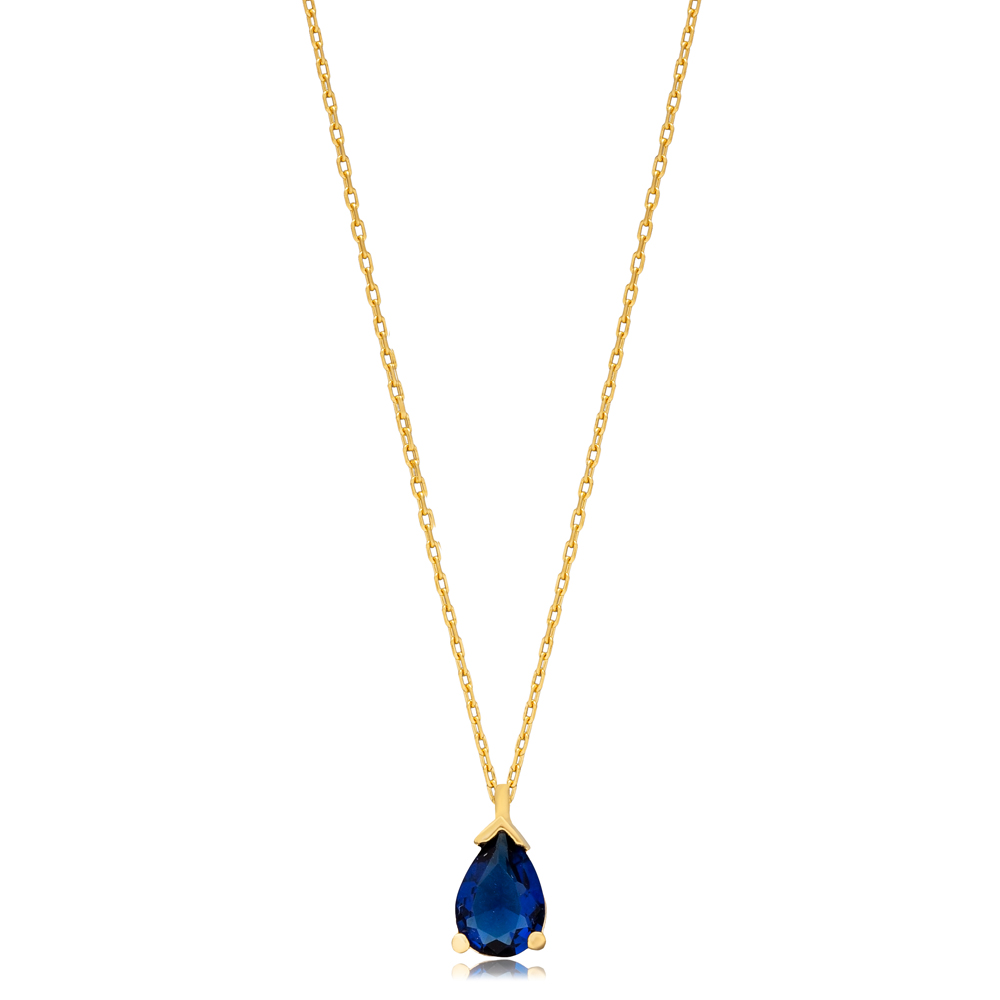 Sapphire CZ Stone Drop Pear Shape Charm 925 Silver Necklace