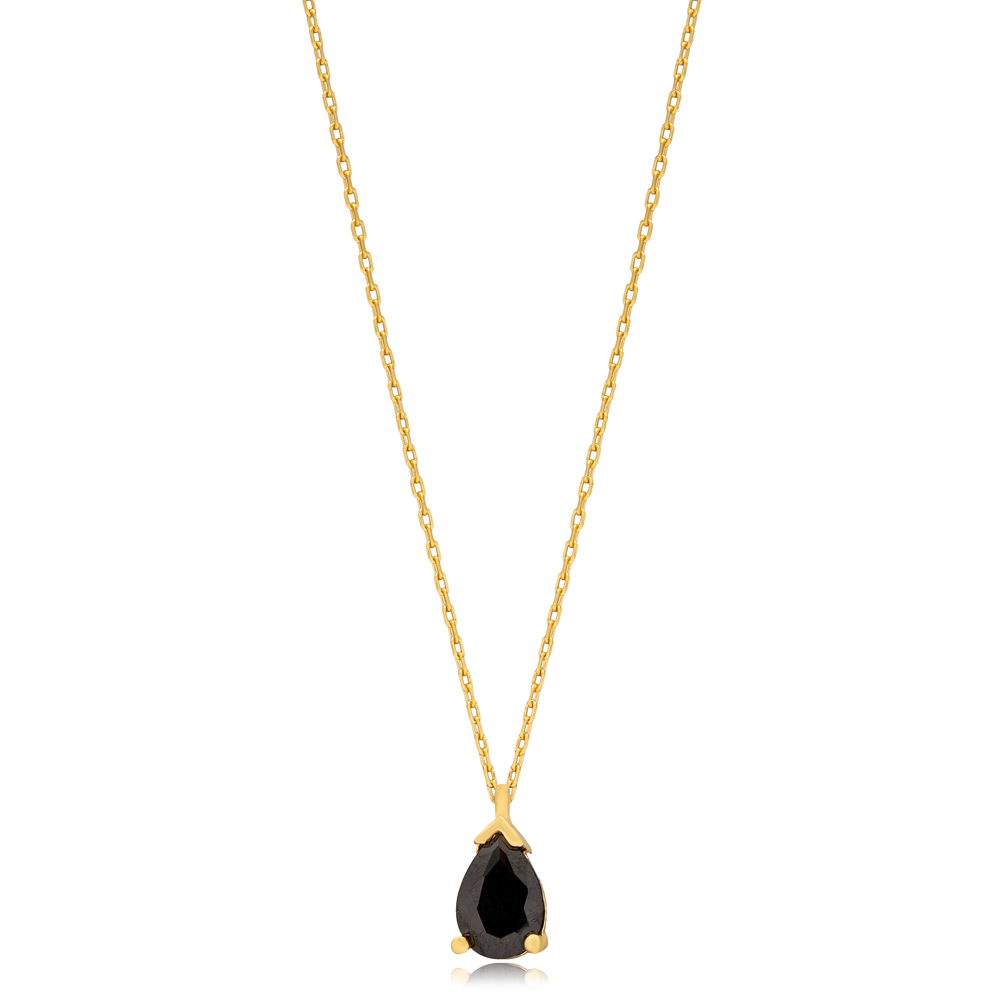 Black CZ Stone Drop Pear Shape Charm 925 Silver Necklace