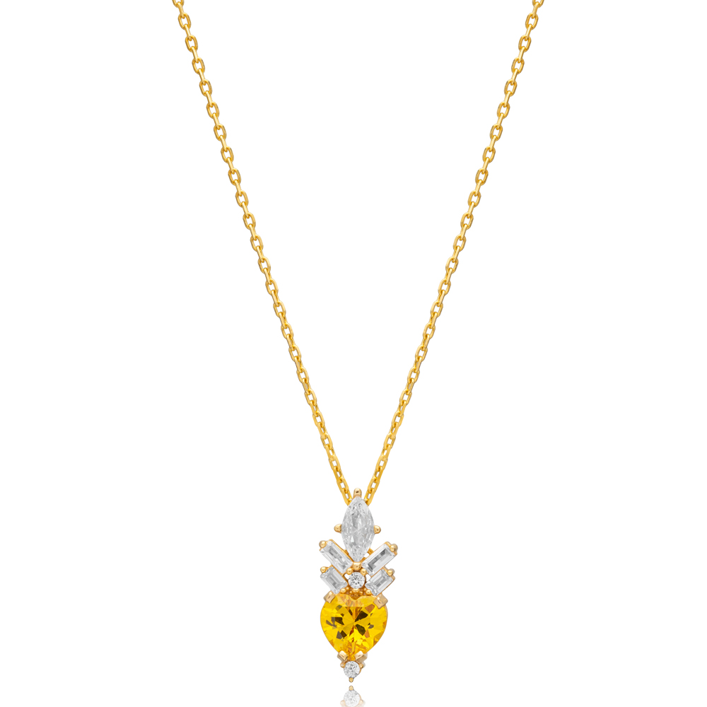 Citrine CZ Stone Heart Design Silver Charm Pendant Necklace