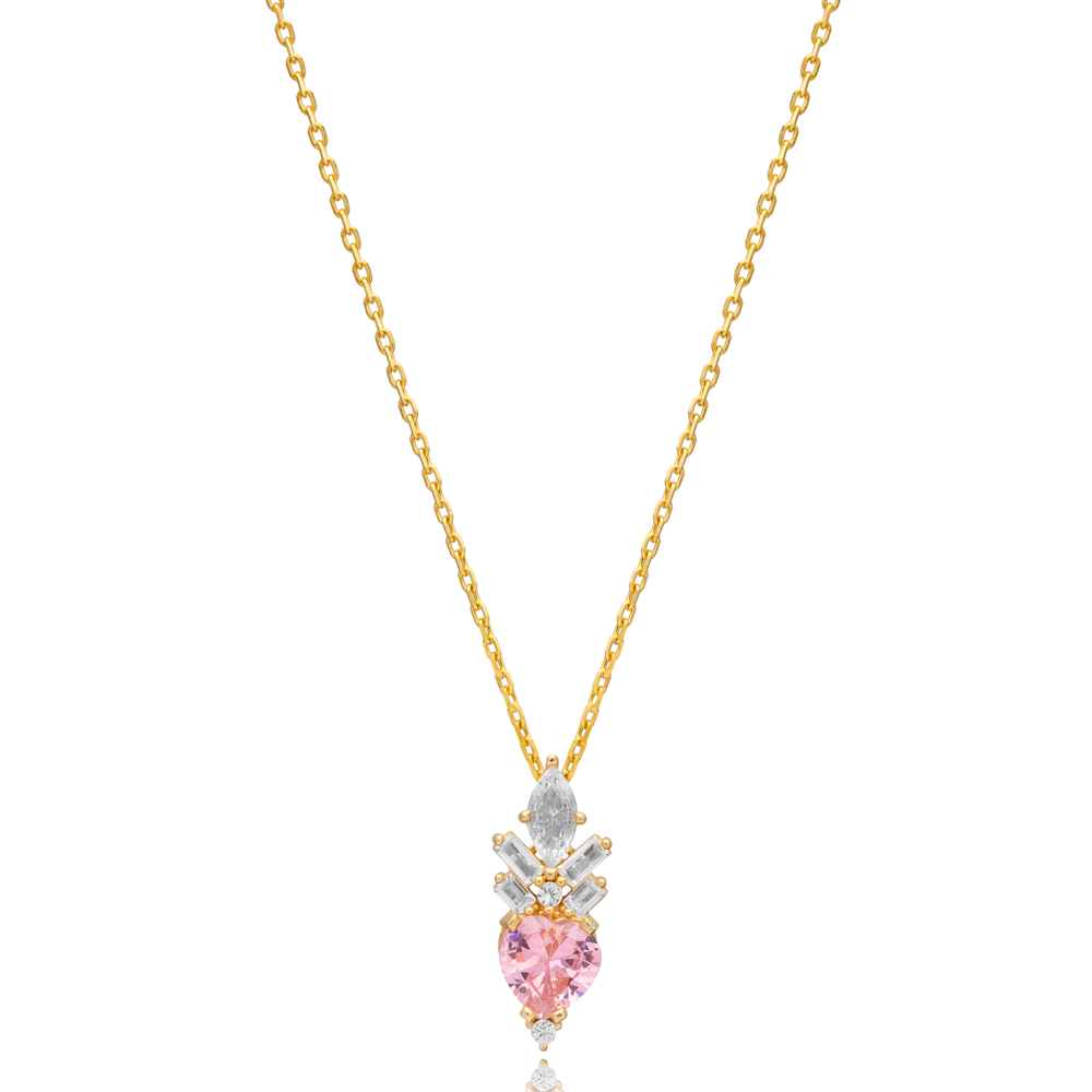 Pink CZ Stone Heart Shape Silver Charm Pendant Necklace