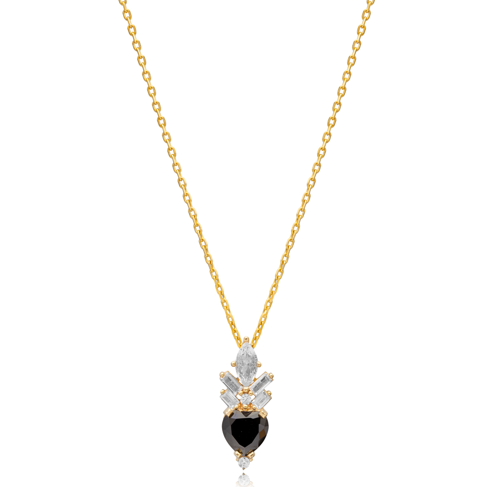 Black Zircon Stone Heart Design Silver Charm Necklace Pendant