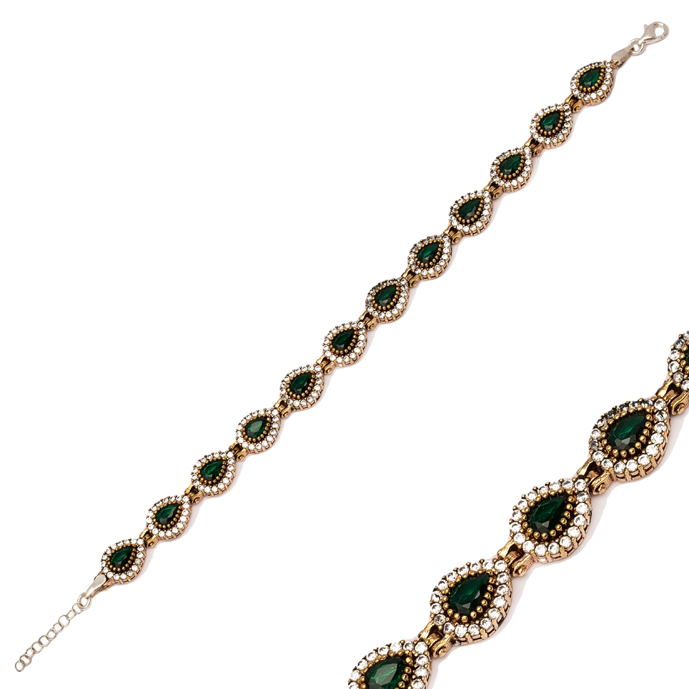 Emerald CZ Stone Pear Drop Shape Turkish Authentic Bracelet
