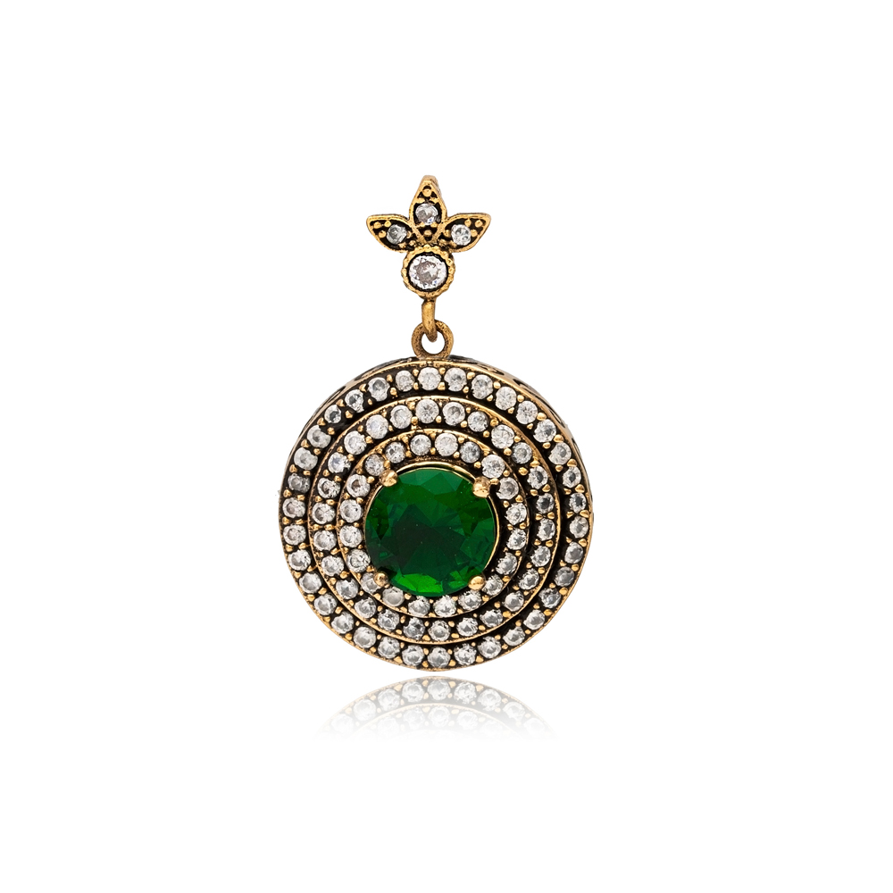 Ottoman Style Round Emerald CZ Stone Authentic Silver Pendant