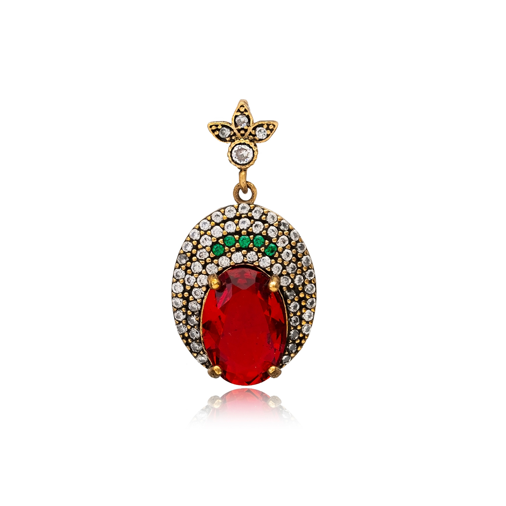 Ruby CZ Stone Ottoman Style Oval Authentic Silver Pendant