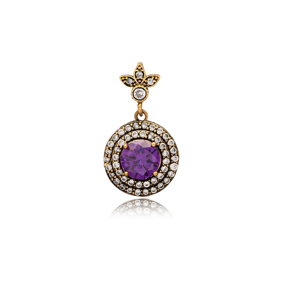 Amethyst CZ Stone Ottoman Style Round Authentic Silver Pendant