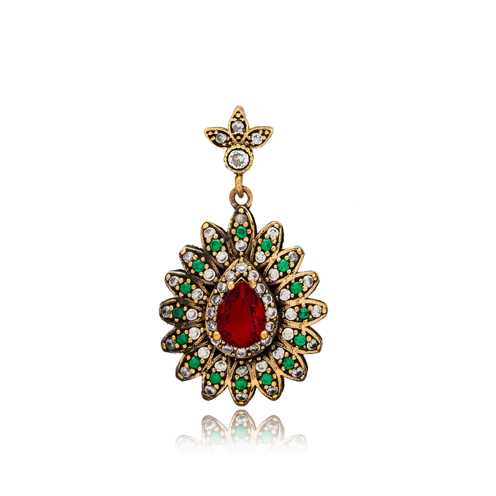 Ruby CZ Pear Drop Ottoman Design Authentic Silver Pendant
