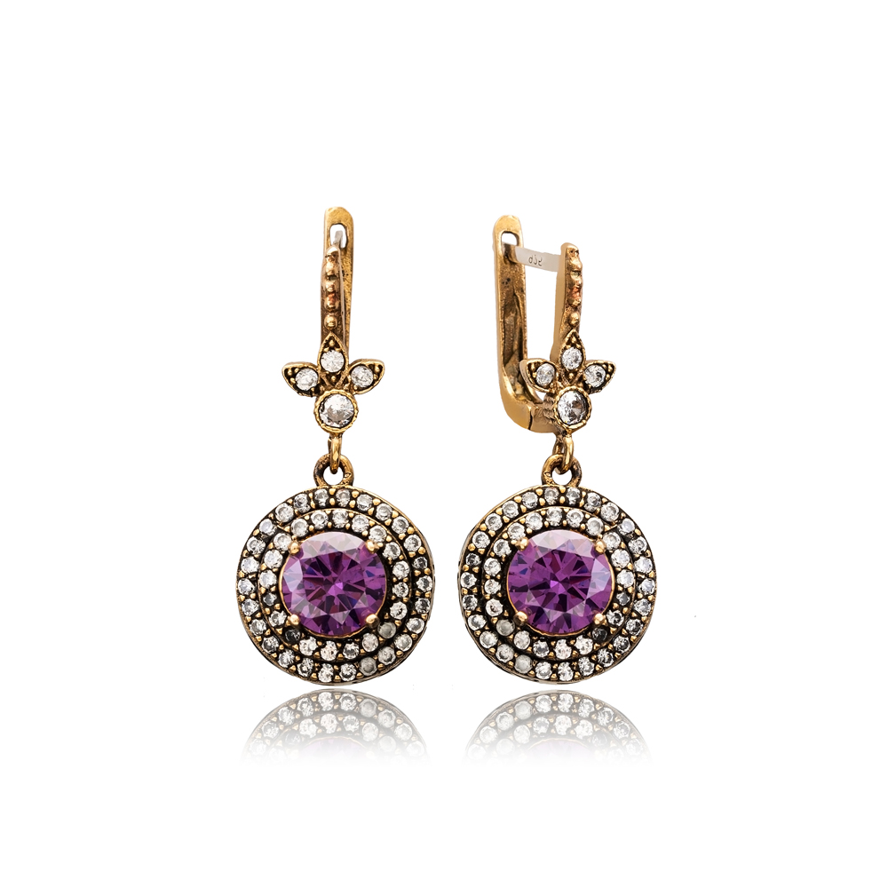 Amethyst CZ Ottoman Style Round Authentic Silver Earrings