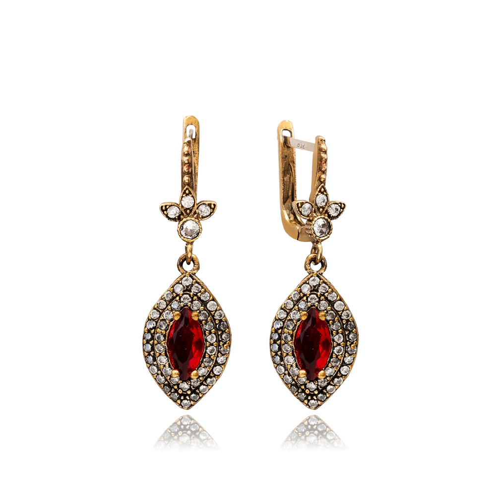 Marquise Ruby CZ Ottoman Style Authentic Silver Earrings